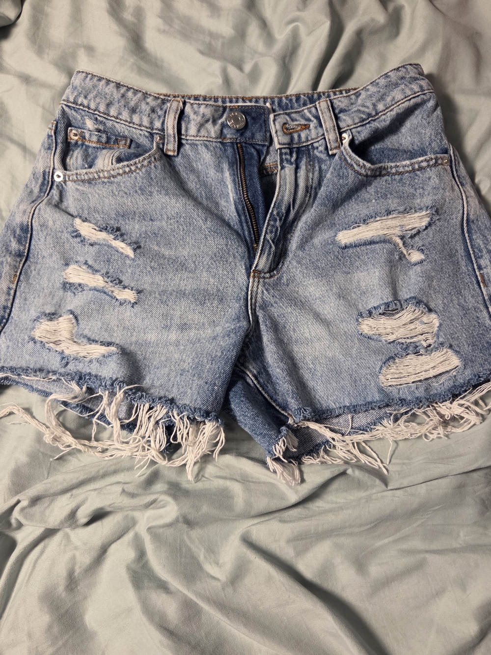 Garage Light Blue Distressed Denim Fringe Hem Shorts